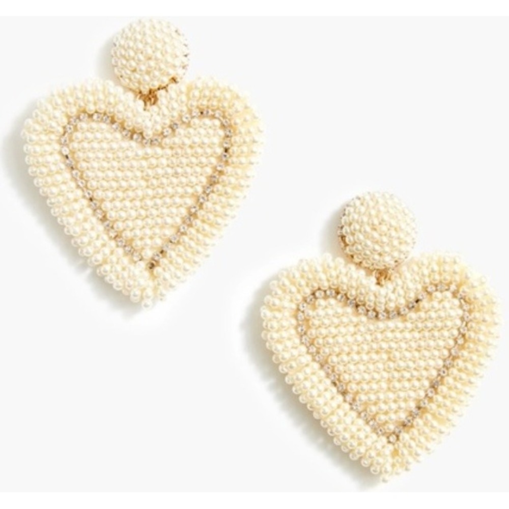 J Crew Pearl Heart Rhinestone Dangle Earrings Cream‎ Gold Tone Hypoallergenic